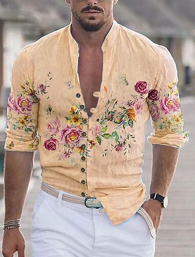  Herren Blumen Grafik-Drucke Hemd Langarm Hemd Ständer Outdoor Strasse Schwarz Weiß Gelb Hellgrün Rosa Bedruckt Bekleidung Modisch Strassenmode Designer Brautkleider schlicht