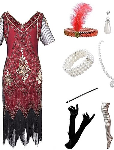  Řvoucí 20s 20. léta 20. století Retro Krátká délka Úbory Kostým na Večírek Maškarní Iluze Velký Gatsby Svatební host Flitry Třásně Flitry Třásně Do V Dámské předvečer Všech svatých Karneval předvečer