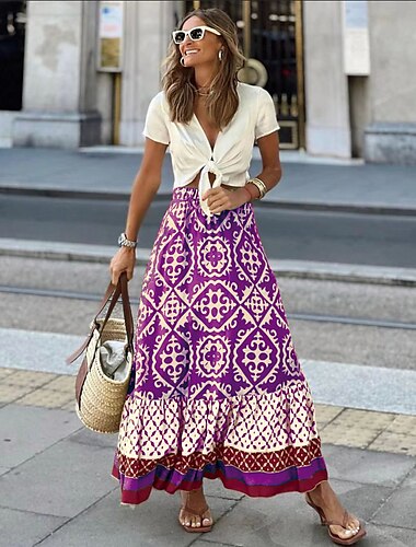  Damen Swing Langer Rock Bohemia Maxiröcke Rüschendruck Grafik Street Urlaub Frühling&amp;Sommermode, Küsten-Oma-Stil, Boho, Schwarz, Hellgrün, Blau, Lila