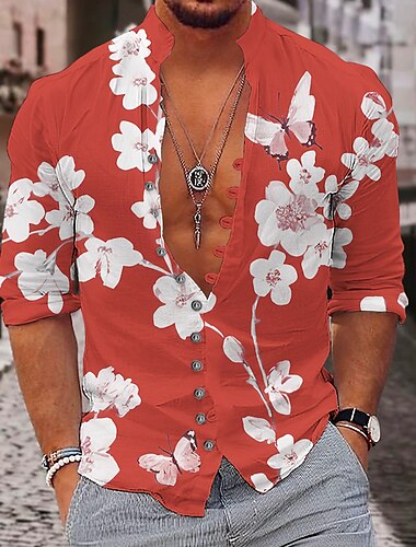  Férfi Virágos Pillangó Trópusi virágok Ing Hawaii ing Aloha ing Hosszú ujj Ing Állógallér Divat Utcai sikk Dizájn Szabadtéri Utca Hétköznapi Világossárga Sárga Rubin S M L