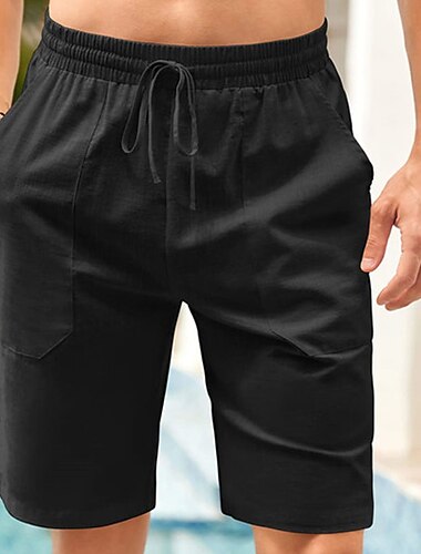  Herren Shorts Kurze Hosen Leinenshorts Kurze Hosen Sommer-Shorts Kordelzug Elastische Taille Gerade geschnitten Glatt Komfort Atmungsaktiv Kurz Casual Täglich Festtage Modisch Klassicher Stil Schwarz