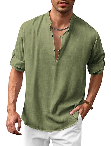  Herren Hemd Hemd aus Baumwollleinen Hemd mit chinesischem Kragen Hemd mit Stehkragen Popover-Shirt Sommerhemd Glatt Urlaub Casual Schwarz Weiß Blau Braun Langarm Henley Frühling Sommer Bekleidung