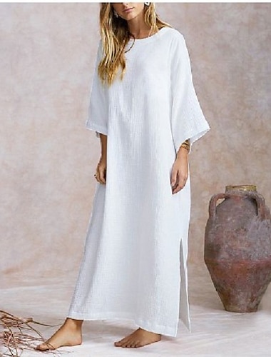  Femme Blanche Kaki Printemps Automne Robe Maxi robe blanche Robe casual Robe d'été en coton basique Décontractées Extérieur du quotidien Ample Couleur monochrome Col Ras du Cou