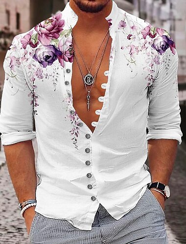  Herren Blumen Hemd Knopfhemd Langarm Modisch Strassenmode Designer Outdoor Casual Täglich Sommer Frühling Herbst Ständer Bedruckt Gelb Rosa Purpur Grün Grau