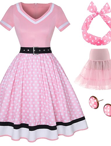  Retro Antiguo 1950s Rockabilly Enagua Vestido de una línea Tutu A Lunares Mujer Fiesta / Noche Mascarada Despedida de Soltera Adulto Vestido Pendientes Para la Cabeza Primavera verano