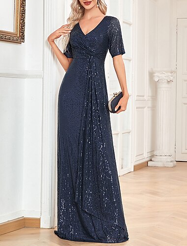  Vestidos de fiesta de corte A, elegantes, formales, para invitados a la boda, largos hasta el suelo, manga corta, cuello en V, con lentejuelas, vestido para impresionar 2025