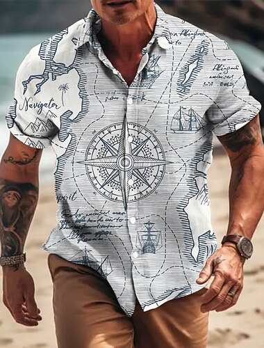  Voor heren Anker Wijnoogst Kompas Overhemd Overhemd met knopen Korte mouw Vintage Modieus Ontwerper Casual Buiten Zomer Lente Strijkijzer Afdrukken blauw Zwart Wit Geel Grijs