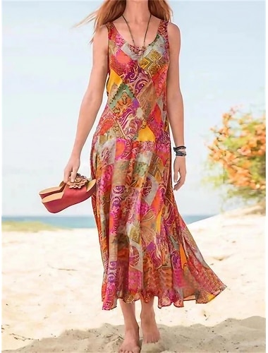  Damen Maxikleid Freizeitkleid Trägerkleid Sommerkleid Boho-Kleid Bohemien Streetwear Lässig Outdoor Urlaub Ausgehen Lässiger Schnitt Blumen Ärmellos V Ausschnitt Rote Blau Purpur Grün Sommer Frühling