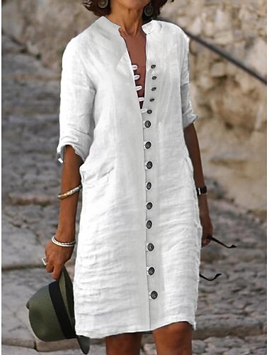  Γυναικεία Λευκό φόρεμα Φόρεμα πουκαμίσα Καθημερινό φόρεμα Μίντι φόρεμα Βαμβάκι Λινό Κουμπί Βασικό Κλασσικό Καθημερινά Διακοπές Παραλία Διχασμένος λαιμός Μισό μανίκι Καλοκαίρι Άνοιξη Φθινόπωρο Λευκό