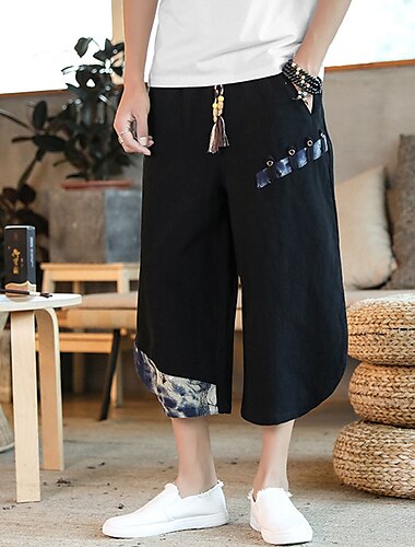  Herren Shorts Kurze Hosen Sommer-Shorts Pumphose Caprihose Kordelzug Elastische Taille Seitentaste Patchwork Komfort Atmungsaktiv Wadenlänge Casual Täglich Festtage Modisch Ethnischer Stil Schwarz