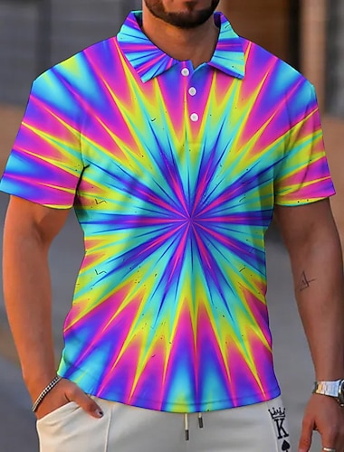  男性用 グラフィック Neon ポロシャツ ゴルフシャツ 半袖 ポロシャツ 襟付きシャツ カジュアル バケーションウェア レイブウェア パーティー衣装 ボタン 3Dプリント イエロー ブルー パープル