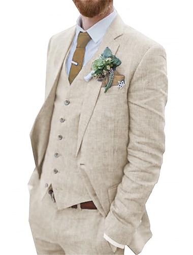  Trajes de lino para hombre, color azul claro y beige, trajes de verano para boda en la playa, 3 piezas, color liso, corte a medida, un solo pecho, un botón, 2024