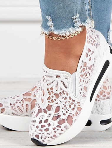  Baskets à plateforme en maille et dentelle beige pour femmes avec semelle à coussin d'air - chaussures décontractées élégantes et confortables à porter au quotidien