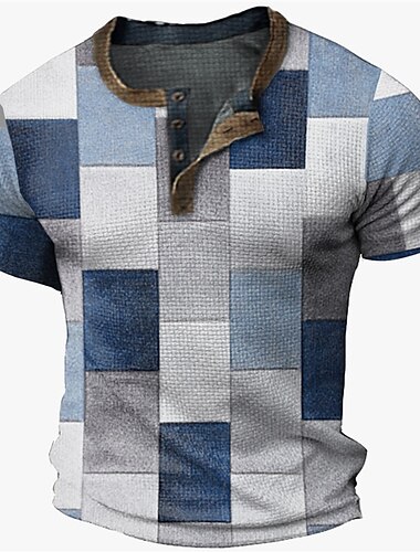  Herren Graphic Farbblock Plaid / Karomuster Waffel-Henley-Hemd Kurzarm 3D-Druck Modisch Designer Basic Outdoor Strasse Täglich Sommer Gelb Blau Kaffee Grau Henley Henley T-Shirt