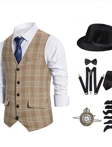 Retro Vintage 1920er Vintage inspiriert Outfits Partykostüm Maskerade Cosplay Kariert Kragenlos Herren Halloween Karneval Maskerade Halloween Alltagstauglich Party / Cocktail Erwachsene Krawatte Hut
