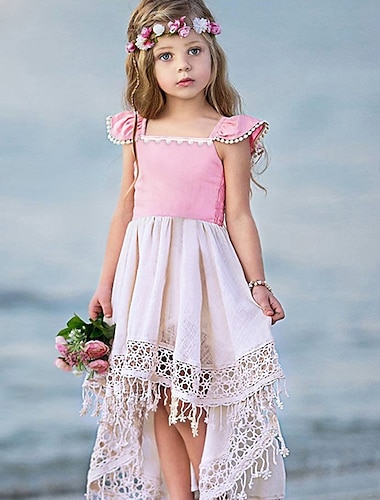  Blumenmädchenkleid Mädchen Kleid Party Kleid Hochzeit Party Festtage Urlaub Kuschelig Boho Kurzarm Quadratischer Kragen Rosa