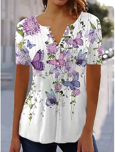  Dames T-shirt Henley-shirt Bloemig Vlinder Tuniekjes Basic Korte mouw Ronde hals Normale tops Feestdagen Weekend Knop Afdrukken Wit Paars