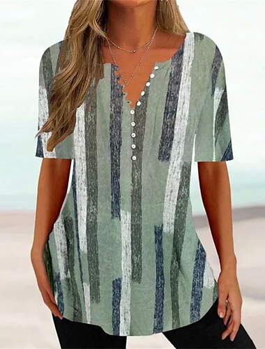  Damen T Shirt Henley Shirt Blumen Tuniken Basic Kurzarm Rundhalsausschnitt Normale Oberteile Festtage Wochenende Knopf Bedruckt Gras-Grün Hellgrün Rote Blau Braun