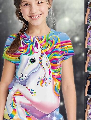  Flickor 3D Grafisk Djur Regnbåge T-shirt Kortärmad 3D-tryck Sommar Aktiv söt stil Barn 2-13 år Skola