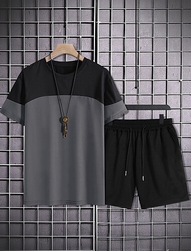  Herren 2-teiliges Outfit Set aus T-Shirt und Shorts mit Kordelzug Kurzarm Rundhalsausschnitt Sommer Farbblock Mode Sport Lässig 2 teilig Urlaub Lässig Alltagskleidung Rote Blau Kaki Top T-Shirt für