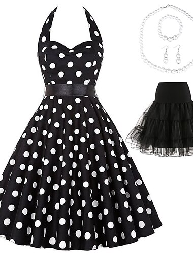  Retro Antiguo 1950s Rockabilly Enagua Vestido de una línea Tutu Floral A Lunares Mujer Fiesta / Noche Mascarada Despedida de Soltera Adulto Vestido Pendientes Collare Primavera verano