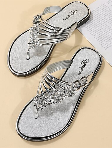  Dames gouden instapsandalen versierd met strass, stijlvolle platte zomerschoenen voor op het strand, casual en op vakantie