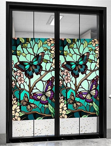  Buntglas-Fensterfolie, farbenfroher Retro-Schmetterling, grün, Fensterglas, elektrostatische Aufkleber, abnehmbare Sichtschutzfolie für Fenster, gebeizte dekorative Folie für das Homeoffice