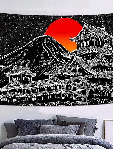  Wandteppich im japanischen Stil, großer Wandteppich, Wanddekoration, Fotohintergrund, Decke, Vorhang, Zuhause, Schlafzimmer, Wohnzimmer, Dekoration, Tempel, Frauen, Sonne