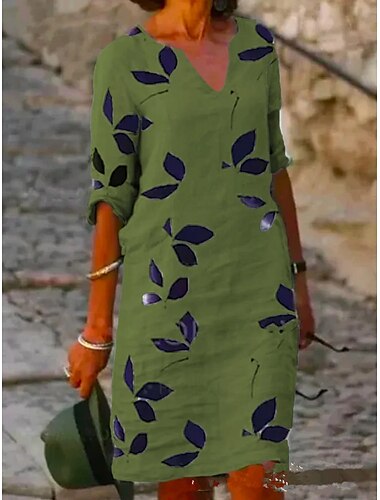  Damen Baumwolle Leinen Midi Kleid Freizeitkleid Kleid Shift Kleid Midi Kleid Druck Casual Alltag Urlaub V-Ausschnitt Halbarm Sommer Frühling Weiß Lila Blatt