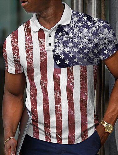 Herren Amerikanische Flagge Veteranen Waffel-Poloshirts Golfshirt Kurzarm Polo-Shirts Hemden mit Kragen Lässig Streetwear Urlaubskleidung Party-Outfits Knöpfe 3D-Druck Weiß Rote Blau
