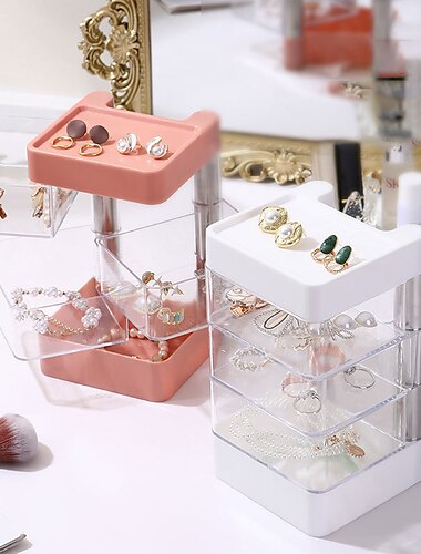  Caja de almacenamiento de joyas, soporte de joyería de plástico giratorio multicapa, caja para anillos y pendientes, organizador de contenedores de belleza y cosméticos