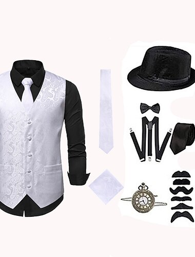  Retro Vintage 1920s Outfits Party Costume Vest The Great Gatsby Gentleman Holiday Christmas Fashion Normal Men's Carnival Masquerade Masquerade Prom Bachelorette Party Adults Adults' Vest Bow Hat All