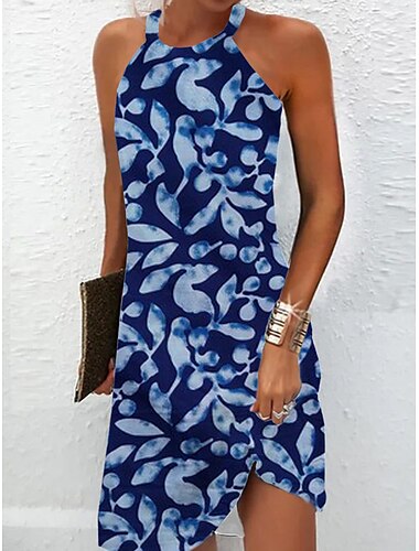 Damen Mini Kleid Petite Kleid Sommerkleid Sommer Kleid Slip Kleid Aktive Mode Streetwear Outdoor Urlaub Täglich Regulär Fit Ombre Floral Marmor Ärmellos Halterhals Marineblau Blau