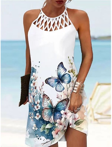  Mujer Vestido de una línea Floral Cortado Estampado Cuello halter Mini vestido Diario Vacaciones Sin Mangas Verano Primavera