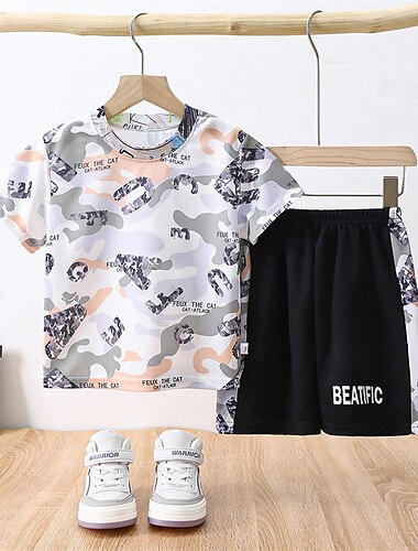  ２個 子供 男の子 Tシャツ＆ショーツ 衣装 バニー カモフラージュ レタード 半袖 設定 アウトドア 旅行度假风 スポーツ クール 夏 春 7-13歳 ピンク ブルー スカイブルー