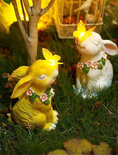 Luces solares, estatuas y figuritas de jardín de conejo, conejito al aire libre que sostiene una mariposa, luz solar para la decoración del jardín, estatuas y esculturas al aire libre para el jardín,