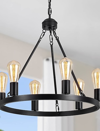  zwarte matte kroonluchter 6-light wagon wheel kroonluchter 21 "boerderij hangende kroonluchters armatuur hedendaagse industriële kroonluchter voor woonkamer eetkamer keuken eiland hal foyer bar