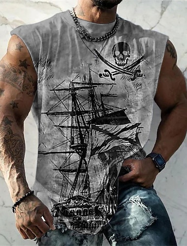  Ανδρικά Τοπ γιλέκου Αμάνικο μπλουζάκι για άντρες Γραφική Πλοίο Ναυτικό Πειρατής Στρογγυλή Ψηλή Λαιμόκοψη Ρούχα 3D εκτύπωση Καθημερινά Αθλητικά Αμάνικο Στάμπα Μοντέρνα Υψηλής Ποιότητας Μυς
