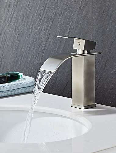  Mitigeur lavabo cascade, mitigeur lavabo monocommande monobloc monté sur pont chrome noir brossé, avec flexible eau froide et eau chaude monobloc