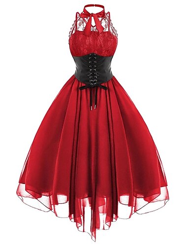  Ärmelloses Gothic-Kleid für Damen mit Korsett, Neckholder, Spitze, Swing, Cocktailkleid, Tüllkleid, formell, lässig, Halloween, Punk, Hippie-Kleider