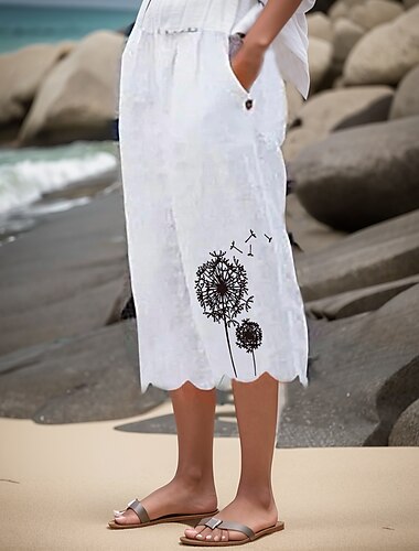  Mujer Perneras anchas Pantalones de lino Lino Artificial Bolsillos laterales Holgado Estampado Medio corto Blanco