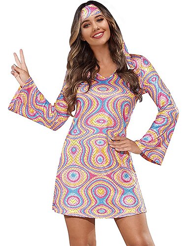  Retro Vintage 1970er Disko Kleid Kopfbedeckung Kopfbedeckungen Trompetenärmel Hippie Damen Maskerade Veranstaltung / Fest Pride Parade Pride-Monat Erwachsene Kleid Kopfbedeckung