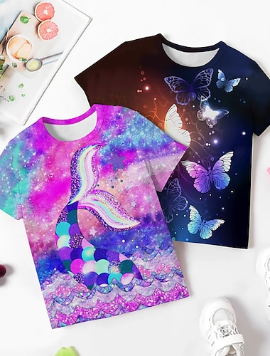 Flickor 3D Grafisk Sjöjungfru T-shirt Kortärmad 3D-tryck Sommar Vår Aktiv Mode söt stil Barn 3-12 år Utomhus Ledigt Dagligen Normal