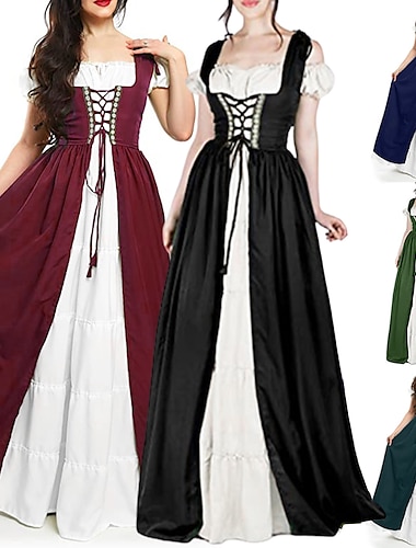  Retro Vintage Mittelalterlich Renaissance Chemise Überkleid Vikinger irisch Elfen Damen Zweiteiler Halloween Urlaub Casual Festival Kleid