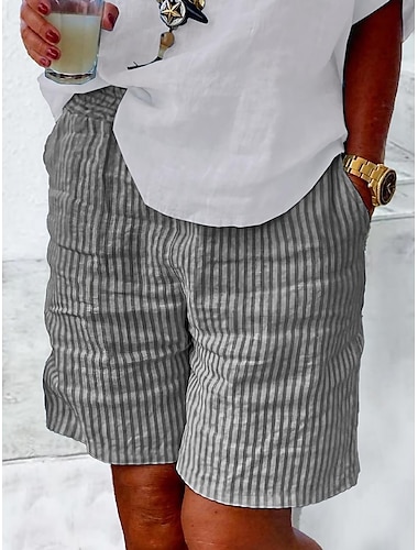  Mujer Pantalones de lino Bermudas Lino Artificial Bolsillos laterales Holgado Alta cintura Corto Gris