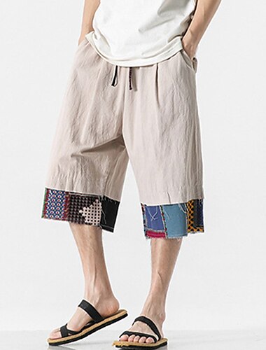  Herren Leinenshorts Kurze Hosen Caprihose Patchwork Kordelzug Elastische Taille Glatt Komfort Atmungsaktiv Outdoor Täglich Ausgehen Leinen / Baumwoll Mischung Modisch Brautkleider schlicht Schwarz