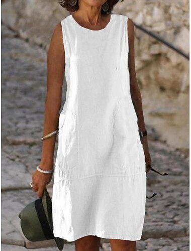  Γυναικεία Λευκό φόρεμα Φόρεμα από βαμβακερό λινό Φόρεμα για τον ήλιο Μίντι φόρεμα Λινό Τσέπη Κλασσικό Καθημερινό Καθημερινά Διακοπές Λαιμόκοψη U Αμάνικο Καλοκαίρι Άνοιξη Μπλε Απαλό Μαύρο Σκέτο