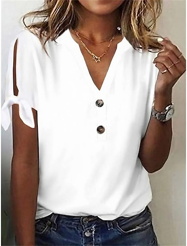 Women's T shirt Tee Modal Plain Button Cut Out Casual Daily Fashion Basic Short Sleeve V Neck White Summer Spring