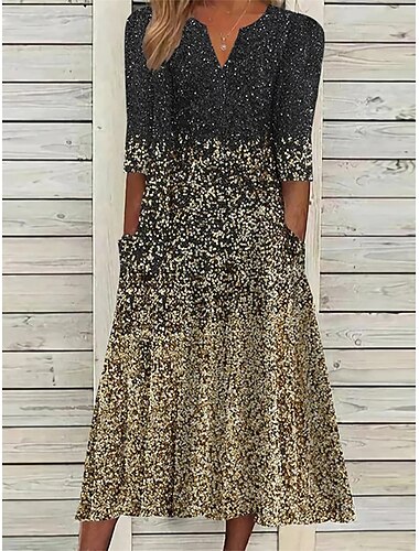  Dames Midi Jurk Ombre Gerimpeld Pocket V Hals Midi Jurk Dagelijkse Vakantie 3/4 Lengte Mouw Zomer Lente