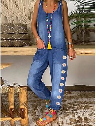  Denim Jumpsuit for Women Overall Pocket Print Floral U Neck Active Vacation Weekend Cargo Loose Fit Sleeveless Dark Gray Light Blue S M L Summer Fall Cowgirl Jeans & Western Wear